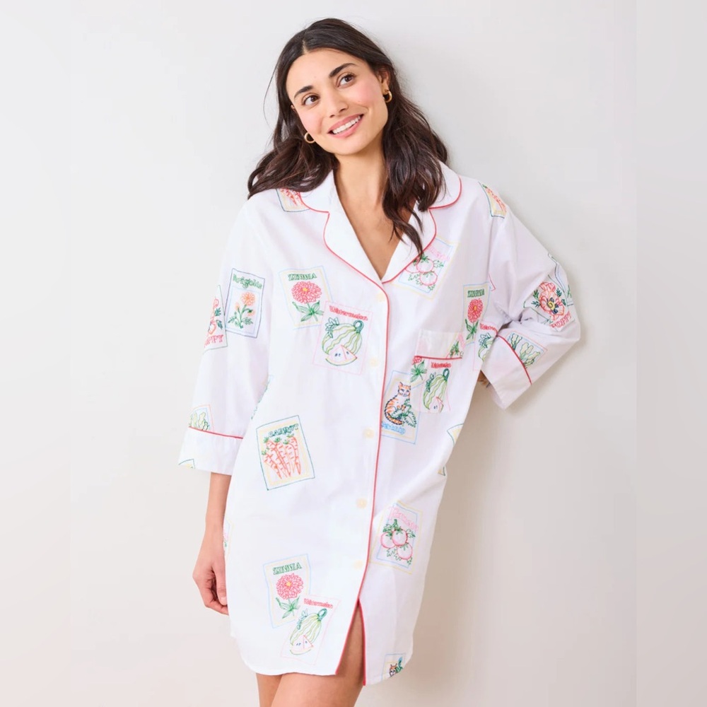 Printfresh Seed Packets Sleep Shirt Cloud Organic Cotton Button Down Nightgown L - Picture 16 of 16